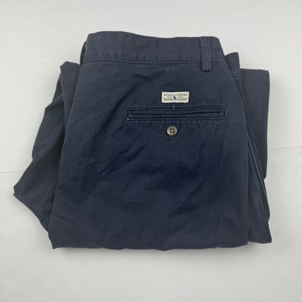 Vintage Polo Ralph Lauren Chinos 33x30 Cotton Navy Blue Pleated Relaxed USA Made